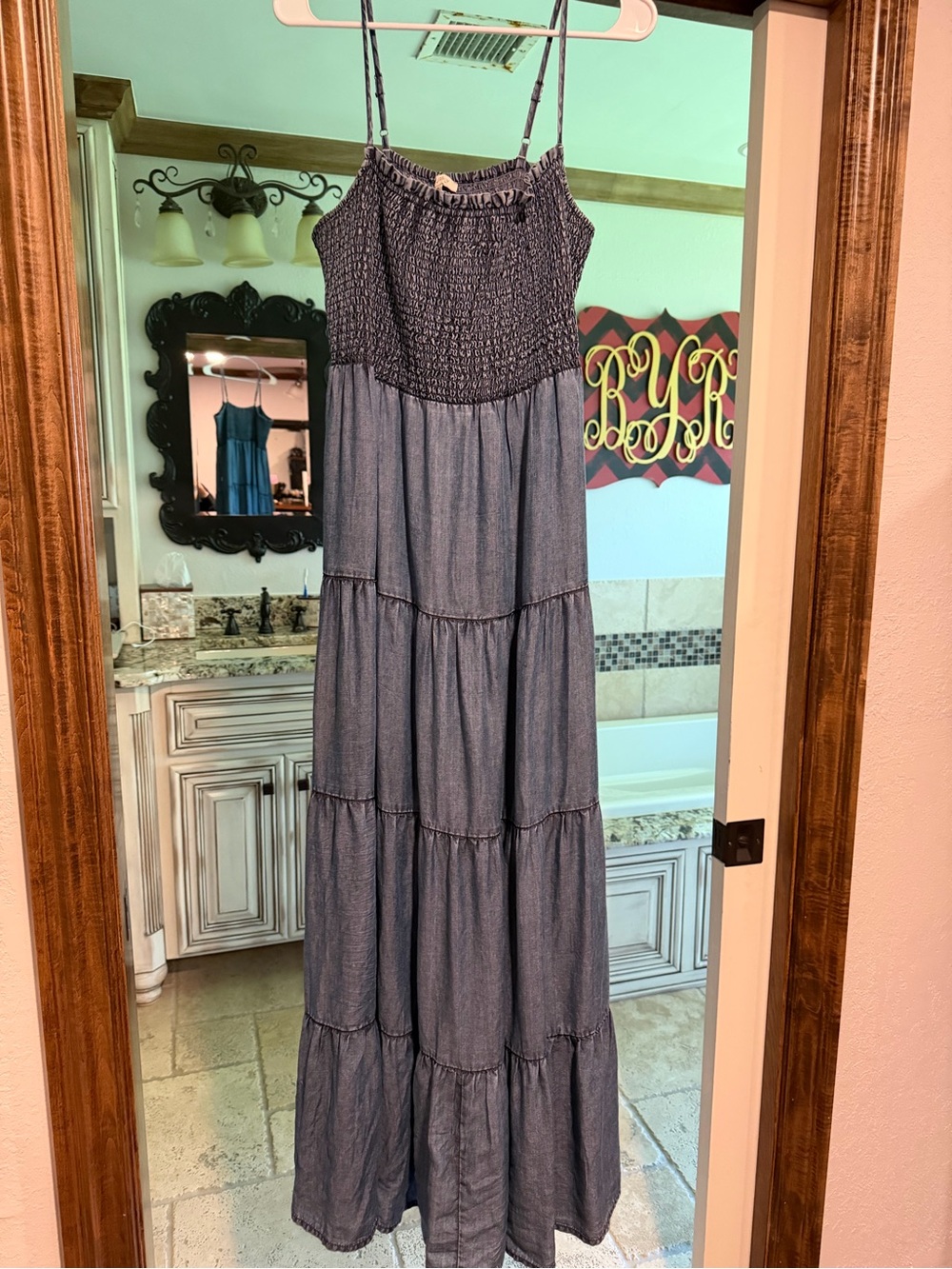 Z Supply Smocked Denim-Look Maxi Dress in Dusty Blue